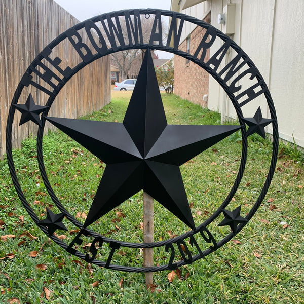 CREEKSIDE FARM STYLE YOUR CUSTOM NAME BARN BLACK STAR 3d WITH TWISTED ROPE RING DESIGN METAL WALL ART WESTERN HOME DECOR NEW HANDMADE, 24", 32", 36", 40", 44", 46", 50"