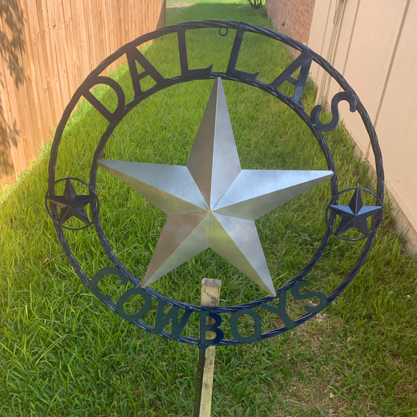 24" STAR & 34" STAKE DALLAS COWBOYS DECOR METAL ART WESTERN HOME WALL DECOR ALL SILVER & NAVY BLUE WITH 34" STAKE
