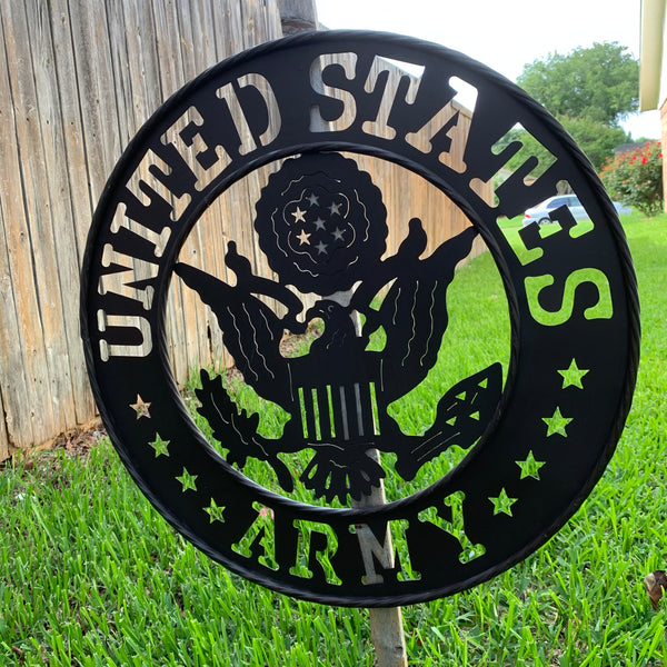 24" USA ARMY MILITARY BROWN  METAL DISC STYLE WALL ART DECOR VINTAGE CRAFT WESTERN HOME DECOR NEW