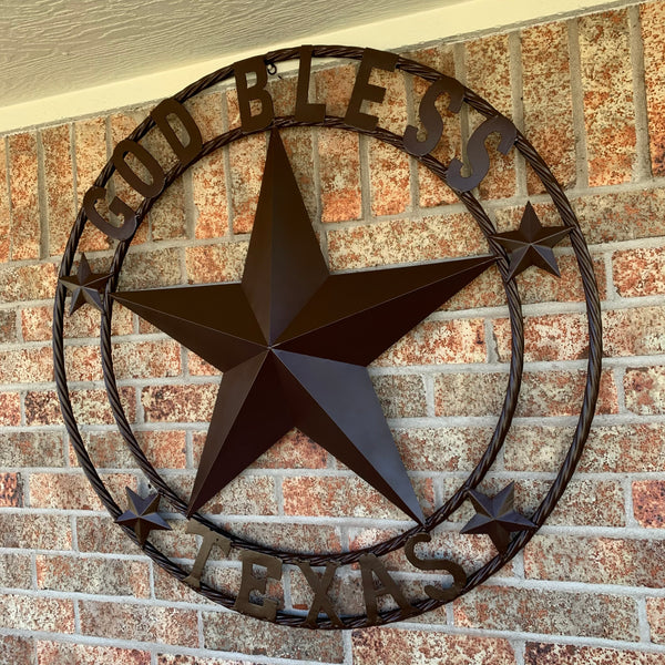 #EH11085 GOD BLESS TEXAS BROWN BARN STAR METAL LONE STAR TWISTED ROPE RING WESTERN HOME DECOR HANDMADE NEW
