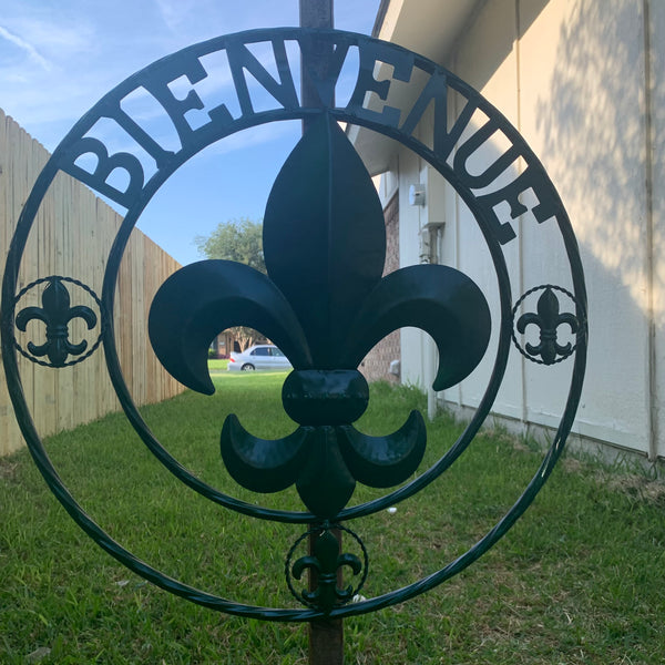 24", 32" GLOSSY HUNTER GREEN FLEUR DE LIS BIENVENUE METAL WALL ART WESTERN HOME DECOR