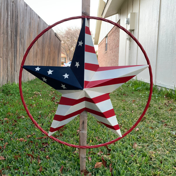 AMERICAN Flag USA Metal Barn Star RED, WHITE & BLUE WITH RED Rope Ring Western Home Decor Handmade 12",16",24",30",34",36",40",48"