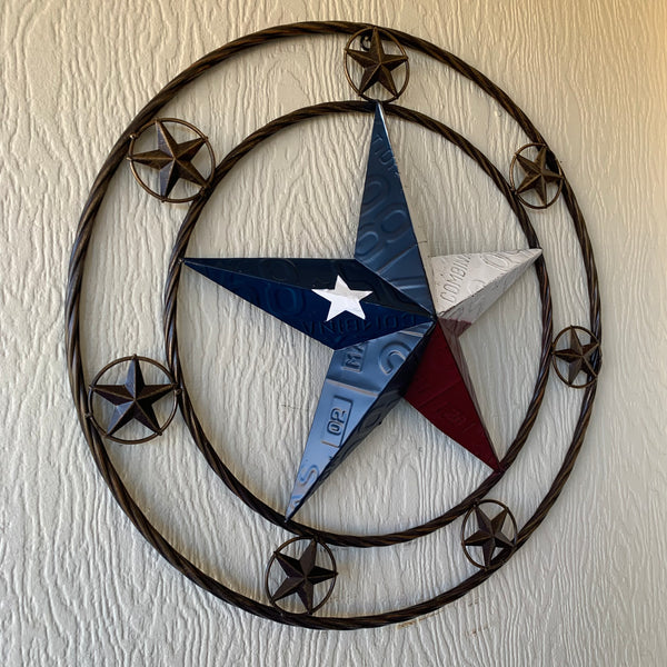 24" LICENSE PLATE MULTI STAR RED WHITE BLUE METAL BARN STAR WESTERN HOME DECOR NEW