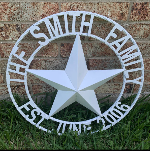 SMITH STYLE YOUR CUSTOM NAME STAR METAL BARN WHITE STAR 3d WITH TWISTED ROPE RING DESIGN METAL WALL ART WESTERN HOME DECOR VINTAGE RUSTIC NEW HANDMADE, 24", 32", 36", 40", 44", 46", 50"