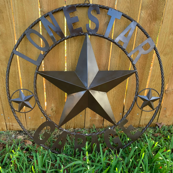 LONESTAR GARAGE STYLE CUSTOM BARN NAME STAR LONESTAR GARAGE METAL NAME BARN STAR WITH TWISTED ROPE RING 3d STAR ART WESTERN HOME DECOR RUSTIC BROWN