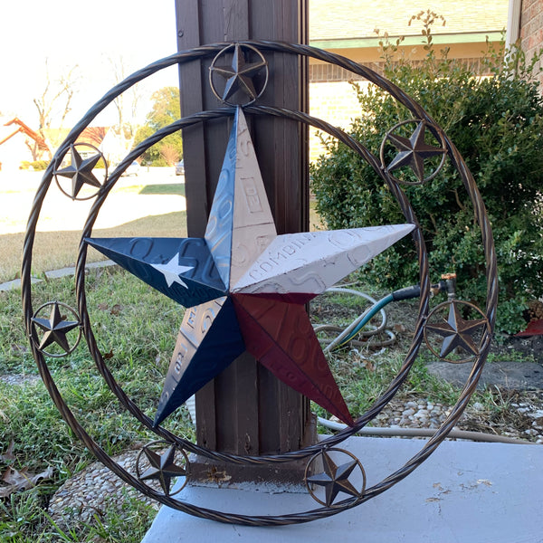24" LICENSE PLATE MULTI STAR RED WHITE BLUE METAL BARN STAR WESTERN HOME DECOR NEW