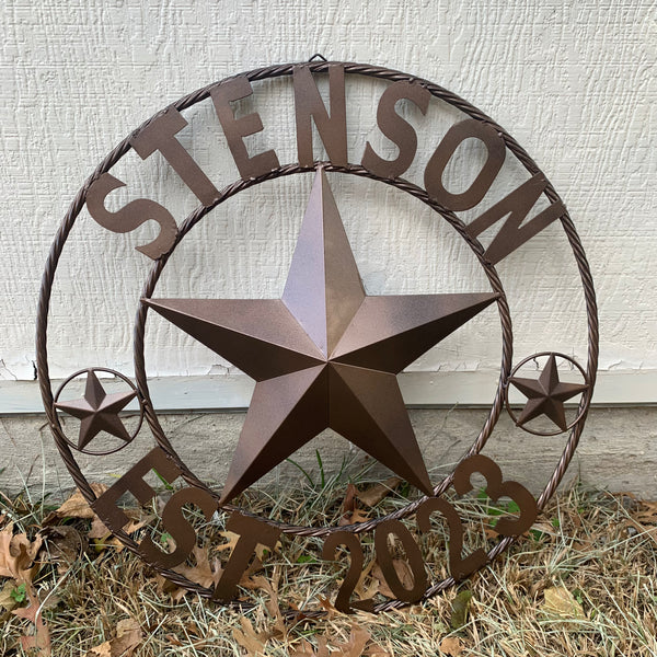 STENSON STYLE YOUR CUSTOM STAR NAME BARN METAL STAR 3d TWISTED ROPE RING WESTERN HOME DECOR RUSTIC BRONZE COPPER NEW HANDMADE 24",32",34",36",40",42",44",46",50"