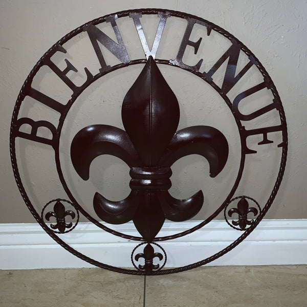 24", 32" FLEUR DE LIS BIENVENUE METAL WALL ART WESTERN HOME DECOR RUSTIC BROWN NEW