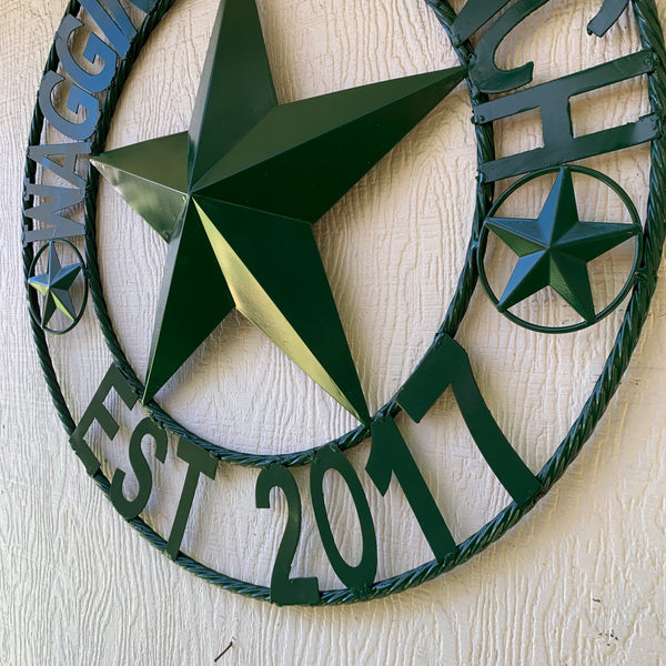 WAGGIN TAIL RANCH STYLE CUSTOM FAMILY NAME STAR METAL BARN STAR ROPE RING WESTERN HOME DECOR VINTAGE RUSTIC HUNTER GREEN HANDMADE 24",32",34",36",40",42",44",46",50"