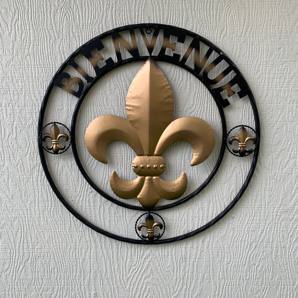 BIENVENUE FLEUR DE LIS METAL WALL ART WESTERN HOME DECOR RUSTIC GOLD & BLACK NEW--FREE SHIPPING