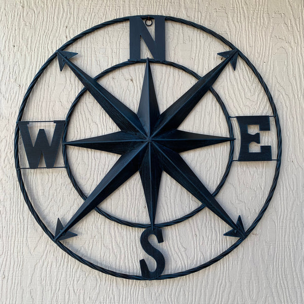 #SI_B8235 COMPASS NAVY BLUE 24" METAL SIGN WESTERN HOME DECOR HANDMADE NEW