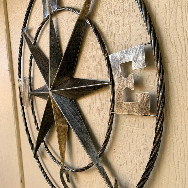 36" COMPASS GREY METAL ART WESTERN METAL ART HOME WALL DECOR RUSTIC GREY