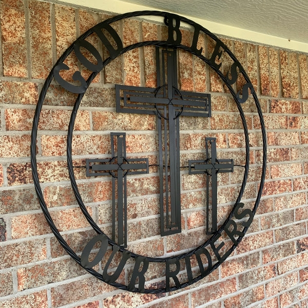 40"GOD BLESS OUR RIDERS CRUCIFIX BLACK CROSS METAL WALL ART HANDMADE