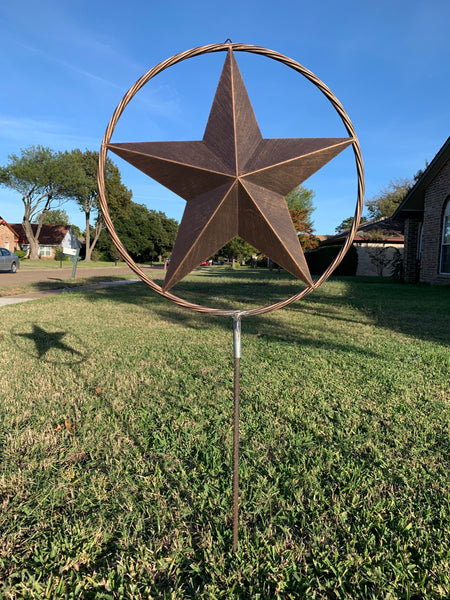 12",16",24" DOUBLE STAR ON STAKE METAL BRONZE COPPER BARN STAR WITH TWISTED ROPE RING CRAFT WESTERN HOME DECOR RUSTIC DECOR