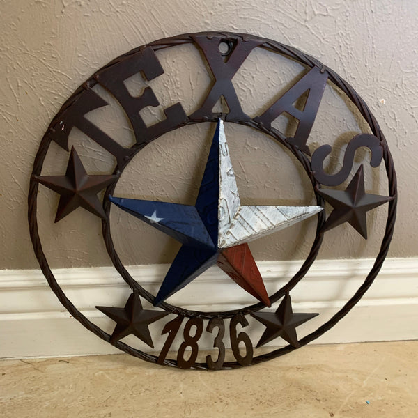 16", 24", 32", 34", 40" TEXAS 1836 LICENSE PLATE FLAG BARN STAR METAL WALL WESTERN HOME DECOR RED WHITE BLUE ART