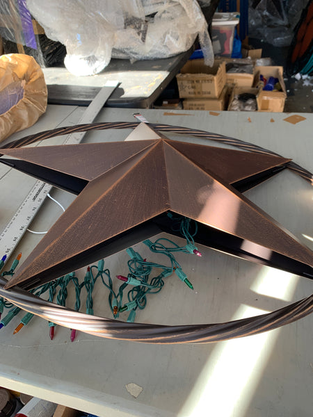 12",16",24" DOUBLE STAR ON STAKE METAL BRONZE COPPER BARN STAR WITH TWISTED ROPE RING CRAFT WESTERN HOME DECOR RUSTIC DECOR