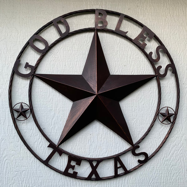 #EH10197 GOD BLESS TEXAS BARN STAR METAL LONESTAR TWISTED ROPE RING WESTERN HOME DECOR HANDMADE NEW