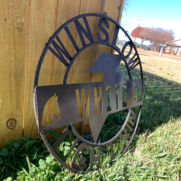 CUSTOM NAME LIGHTNIN HORSE SIGN RAW METAL BARN ROPE RING WESTERN HOME DECOR HANDMADE 24",32",36"