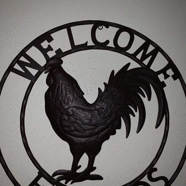 24" WELCOME FRIENDS ROOSTER WESTERN METAL ANIMAL ART HOME WALL ART RUSTIC BROWN COLOR