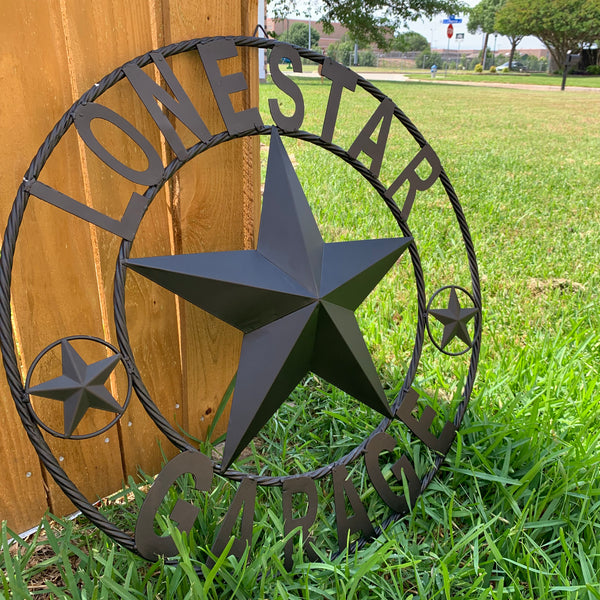 LONESTAR GARAGE STYLE CUSTOM BARN NAME STAR LONESTAR GARAGE METAL NAME BARN STAR WITH TWISTED ROPE RING 3d STAR ART WESTERN HOME DECOR RUSTIC BROWN