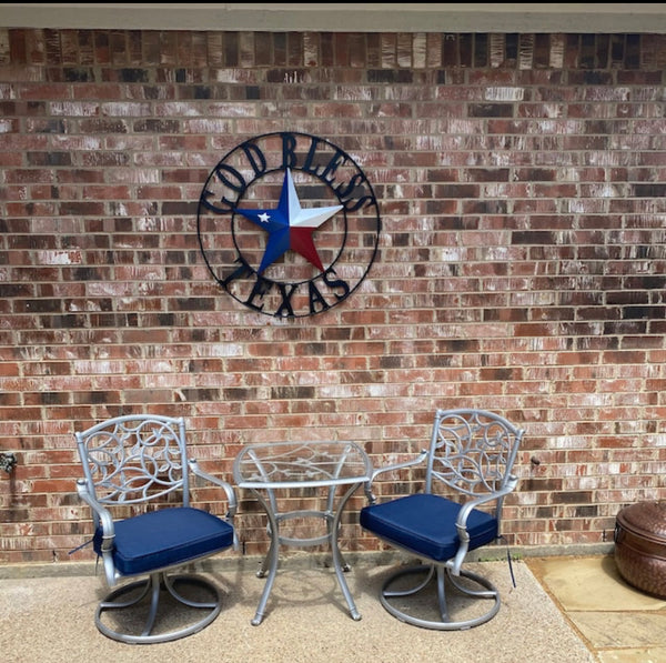 #EH11482 GOD BLESS TEXAS RED WHITE & BLUE TEXAS FLAG STYLE BARN METAL STAR BLACK TWISTED ROPE RING WESTERN HOME DECOR HANDMADE NEW