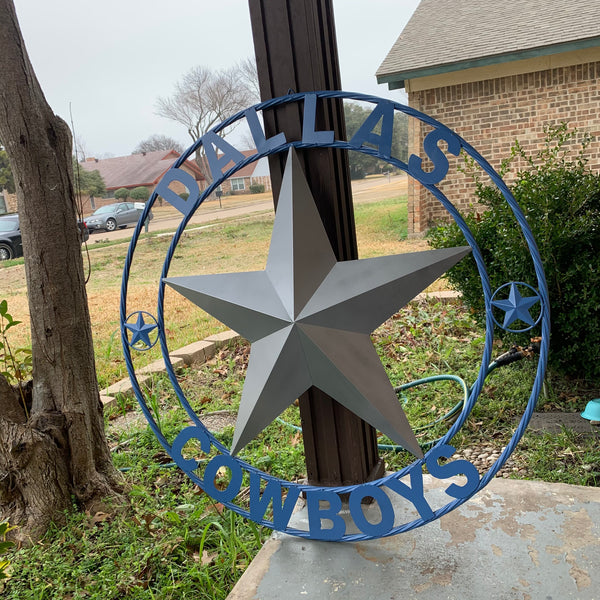 DALLAS COWBOYS SILVER & LIGHT BLUE BARN STAR CUSTOM VINTAGE METAL LONE STAR ART WESTERN HOME DECOR SIZE:24",32",36",40",42",44",46",50"