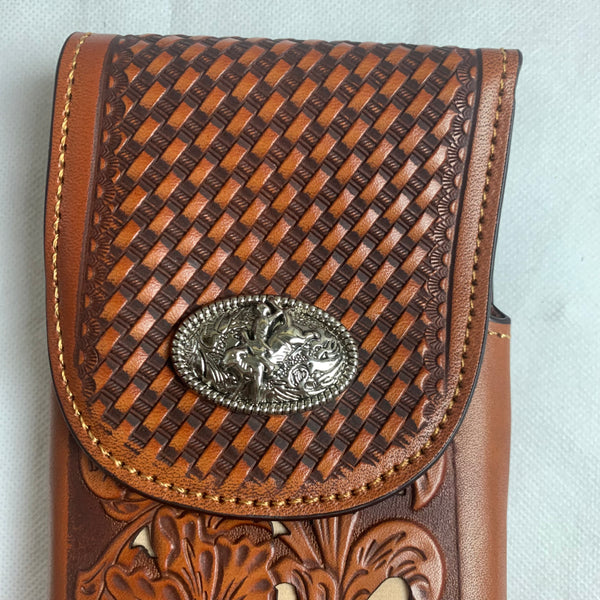 #LG2003 7.5" RODEO TAN BROWN & BEIGE LEATHER POUCH EXTRA LARGE  BELT LOOP HOLSTER CELL PHONE CASE UNIVERSAL OVERSIZE