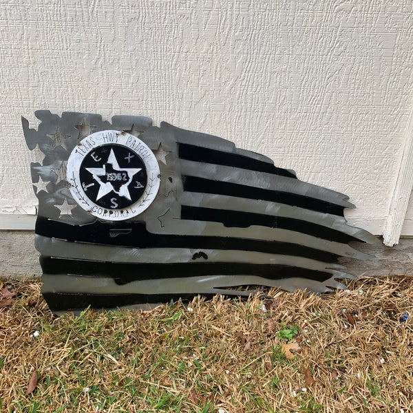 TEXAS HIGHWAY PATROL TATTERED FLAG WITH BADGE# CUSTOM METAL VINTAGE CRAFT ART WESTERN HOME DECOR