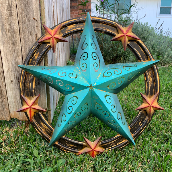 #RT5045 TURQUOISE CARVED CUT STAR 26",36", BARN METAL WESTERN HOME DECOR HANDMADE NEW