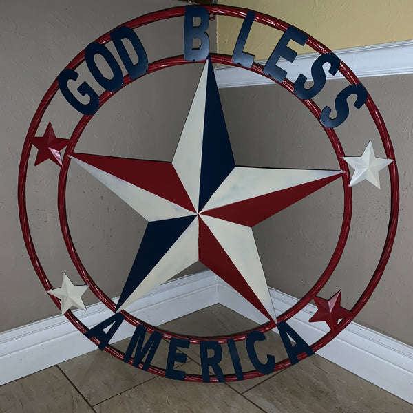 #EH10489 GOD BLESS AMERICA USA FLAG BARN STAR METAL RED WHITE BLUE WESTER HOME DECOR HANDMADE NEW