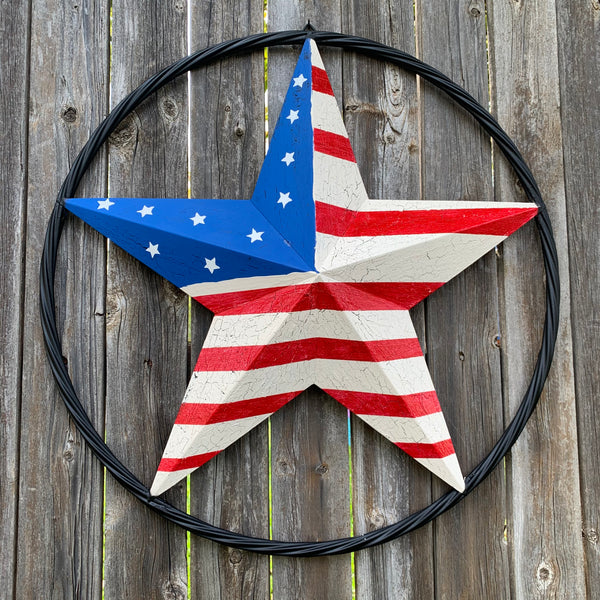 24" AMERICAN USA FLAG CRACKLE STAR METAL WALL ART WESTERN HOME DECOR HANDMADE NEW