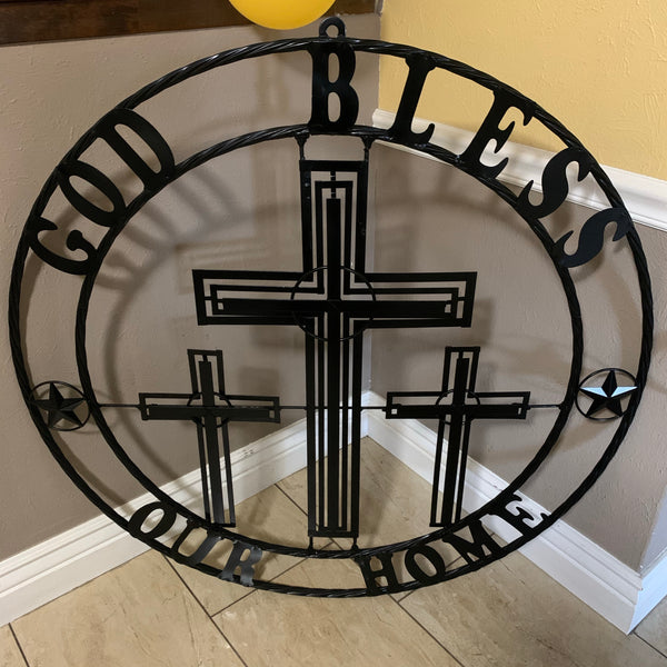 40"GOD BLESS OUR HOME CRUCIFIX CROSS METAL WALL ART BLACK HANDMADE NEW