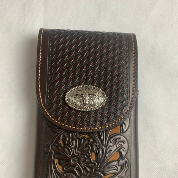 #LG2002 7.5" LONGHORN COFFEE BROWN & BEIGE  LEATHER POUCH EXTRA LARGE  BELT LOOP HOLSTER CELL PHONE CASE UNIVERSAL OVERSIZE