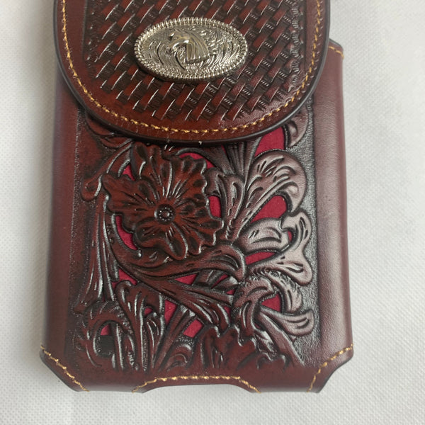 #LG2004  7.5" HORSE COFFEE BROWN & RED LEATHER POUCH EXTRA LARGE  BELT LOOP HOLSTER CELL PHONE CASE UNIVERSAL OVERSIZE