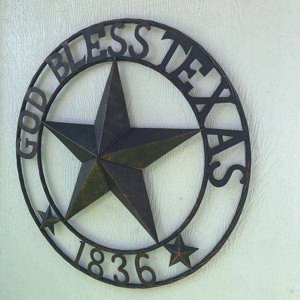 24",32" 1836 GOD BLESS TEXAS 1836 BARN METAL STAR TWISTED ROPE RING WESTERN HOME DECOR RUSTIC BRONZE NEW