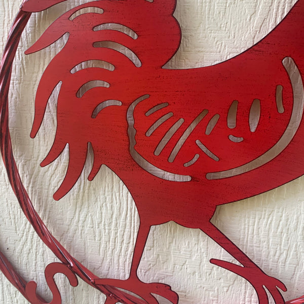 #SI_B9504 RISE & SHINE 24" RED ROOSTER CHICKEN METAL SIGN WESTERN HOME DECOR HANDMADE NEW