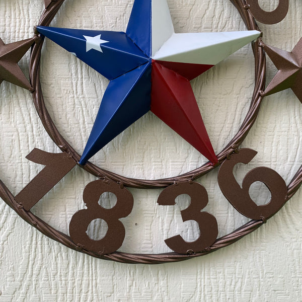 16" TEXAS 1836 RED WHITE BLUE TEXAS FLAG STAR BRONZE RING METAL BARN STAR WESTERN HOME DECOR HANDMADE NEW ART