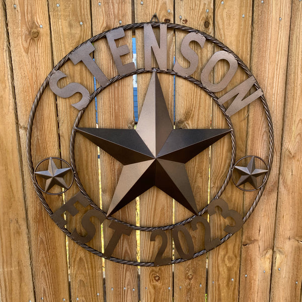STENSON STYLE YOUR CUSTOM STAR NAME BARN METAL STAR 3d TWISTED ROPE RING WESTERN HOME DECOR RUSTIC BRONZE COPPER NEW HANDMADE 24",32",34",36",40",42",44",46",50"
