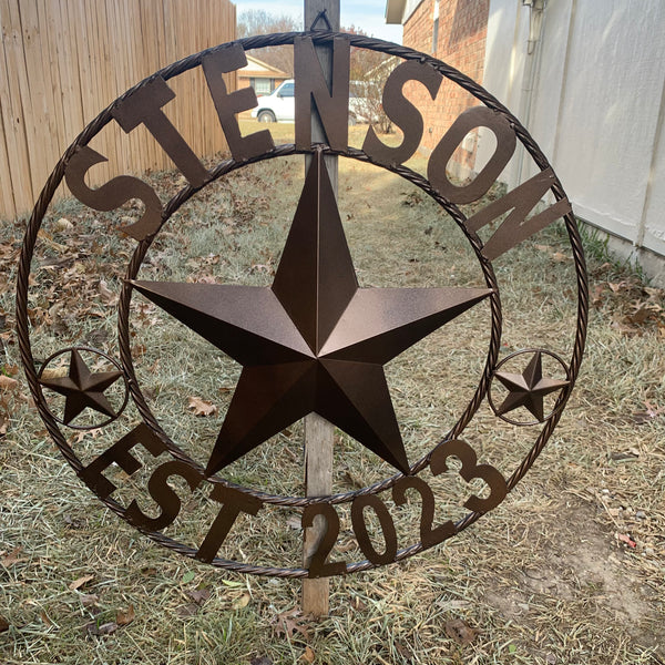 STENSON STYLE YOUR CUSTOM STAR NAME BARN METAL STAR 3d TWISTED ROPE RING WESTERN HOME DECOR RUSTIC BRONZE COPPER NEW HANDMADE 24",32",34",36",40",42",44",46",50"