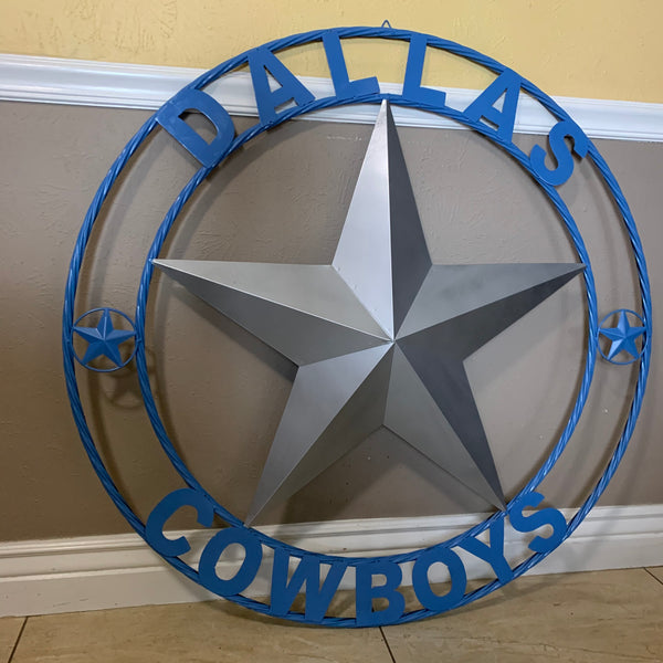DALLAS COWBOYS SILVER & LIGHT BLUE BARN STAR CUSTOM VINTAGE METAL LONE STAR ART WESTERN HOME DECOR SIZE:24",32",36",40",42",44",46",50"