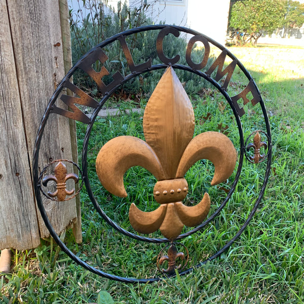 24", 32" WELCOME FLEUR DE LIS METAL WALL ART WESTERN HOME DECOR GOLD & BLACK