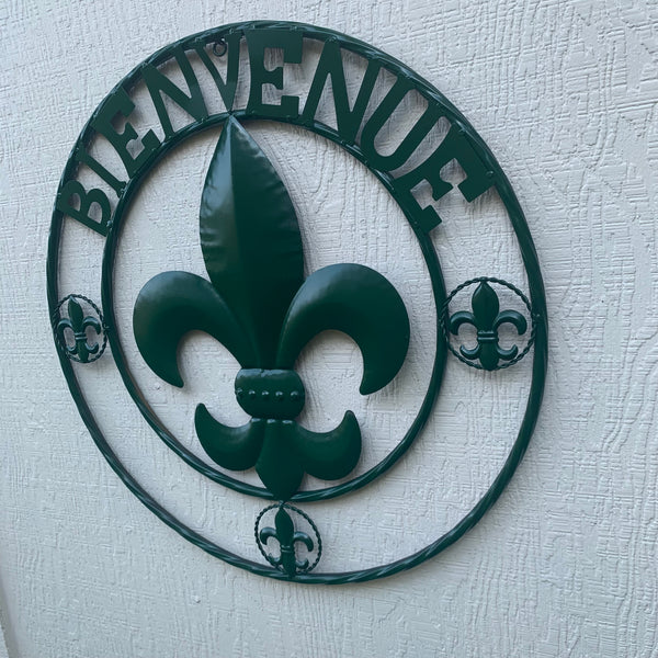 24", 32" GLOSSY HUNTER GREEN FLEUR DE LIS BIENVENUE METAL WALL ART WESTERN HOME DECOR