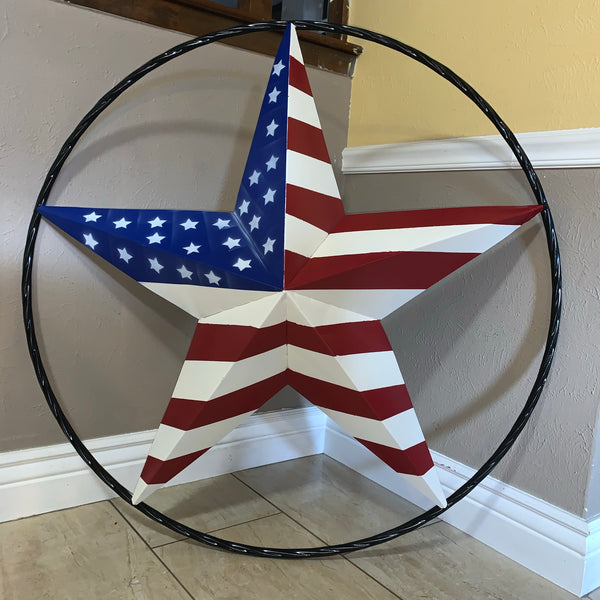 AMERICAN Flag USA Metal Barn Star RED WHITE & BLUE with Black Rope Ring Western Home Decor Handmade 12",16",24",30",34",36",40",48"