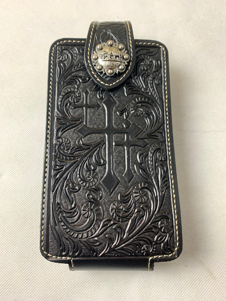#WS341D 7" COWBOY PRAYER CROSS BLACK LEATHER POUCH EXTRA LARGE  BELT LOOP HOLSTER CELL PHONE CASE UNIVERSAL OVERSIZE--FREE SHIPPING