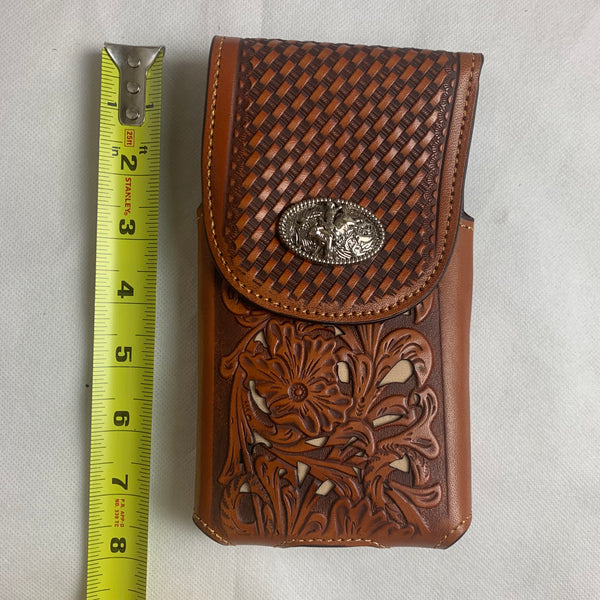 #LG2003 7.5" RODEO TAN BROWN & BEIGE LEATHER POUCH EXTRA LARGE  BELT LOOP HOLSTER CELL PHONE CASE UNIVERSAL OVERSIZE