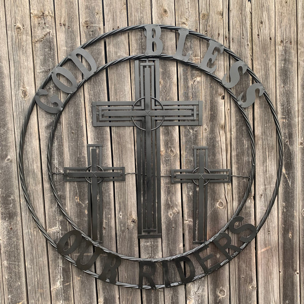 40"GOD BLESS OUR RIDERS CRUCIFIX BLACK CROSS METAL WALL ART HANDMADE