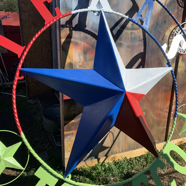 4,5,6 FOOT LARGE OVERSIZE CUSTOM NAME BARN METAL STAR 3d WITH TWISTED ROPE RING DESIGN METAL WALL ART WESTERN HOME DECOR VINTAGE RUSTIC BROWN NEW HANDMADE, 48",60",72" NEW HANDMADE
