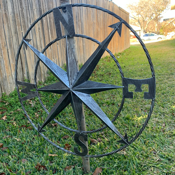 #SI_B8235 COMPASS 24" GREY METAL SIGN WESTERN HOME DECOR HANDMADE NEW
