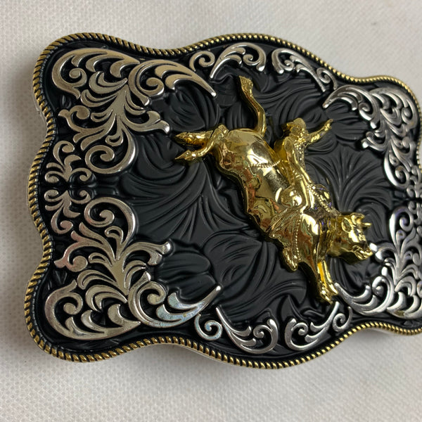 4.5" X 3.5" RODEO BELT BUCKLE BLACK SILVER & GOLD WESTERN BUCKLE FASHION ART NEW #EH12269