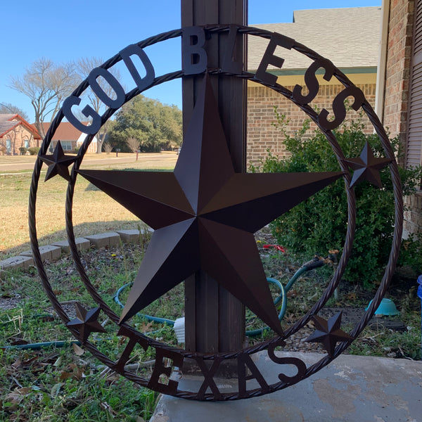 #EH11085 GOD BLESS TEXAS BROWN BARN STAR METAL LONE STAR TWISTED ROPE RING WESTERN HOME DECOR HANDMADE NEW
